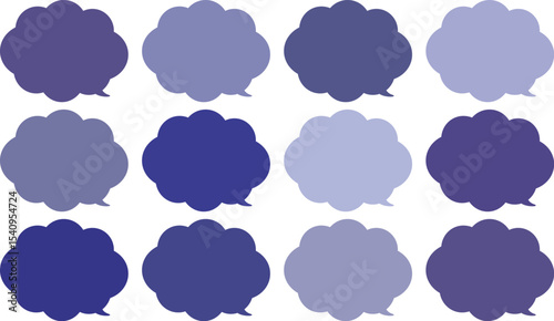 All the bubbles have a distinctive, rounded, cloud-like, or scalloped edge design. This vector image features twelve speech bubbles.