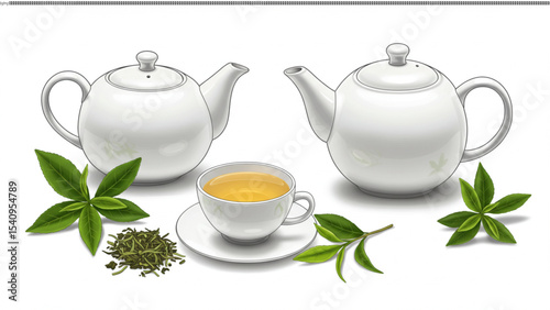 Elegant White Teapot and Teacup Illustration Perfect for Tea Packaging and Menu Designs