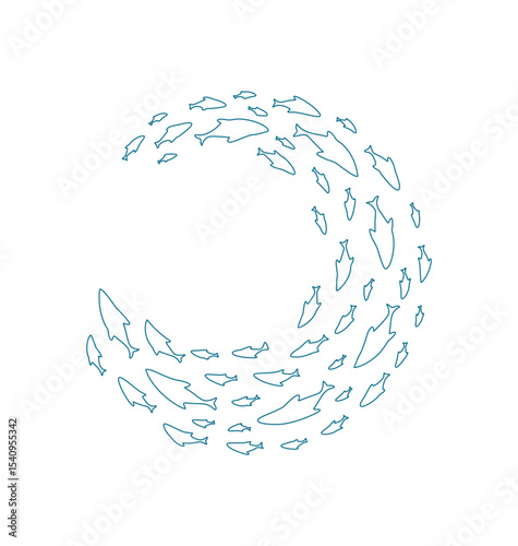 outline fish school pattern. Many aquatic creatures swim in the ocean. Underwater silhouette with a round shape, flat texture, cartoon graphic style, ideal for summer designs.