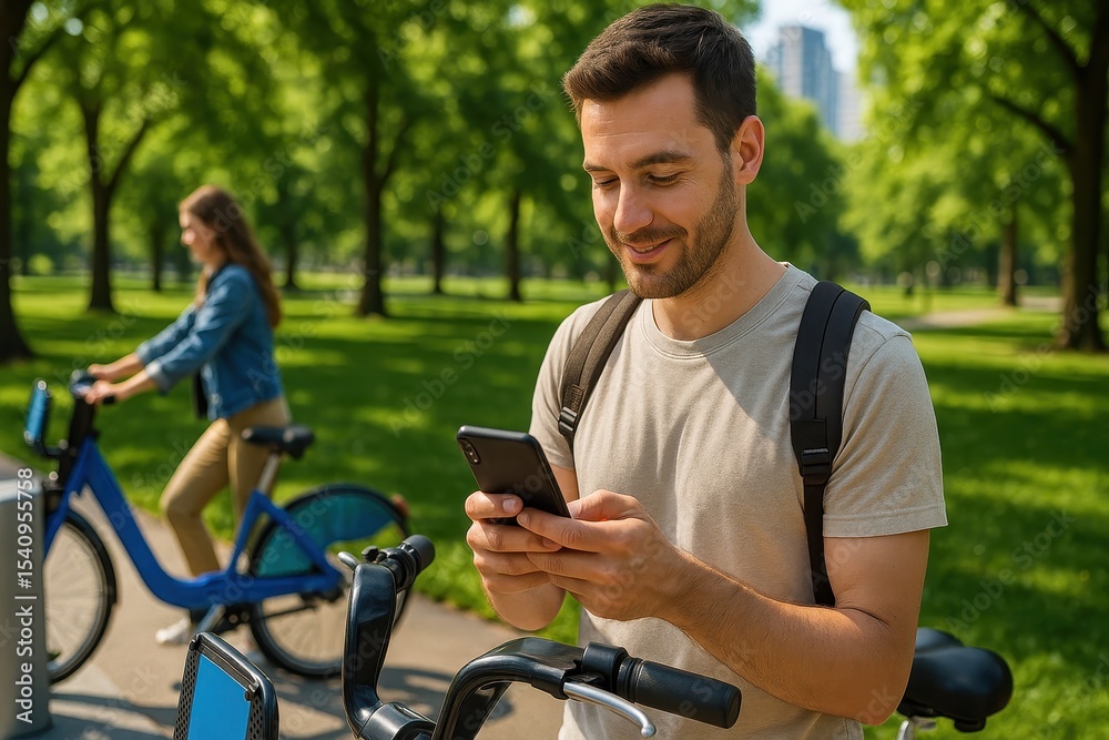 Naklejka premium Eco Friendly Transport Bike Sharing App Sustainable City