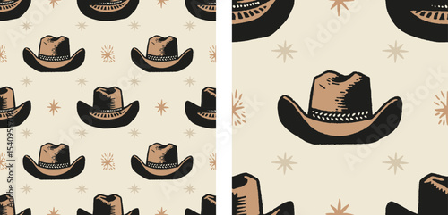Western Cowboy Hats Seamless Pattern Vintage Americana Country Style Vector Background