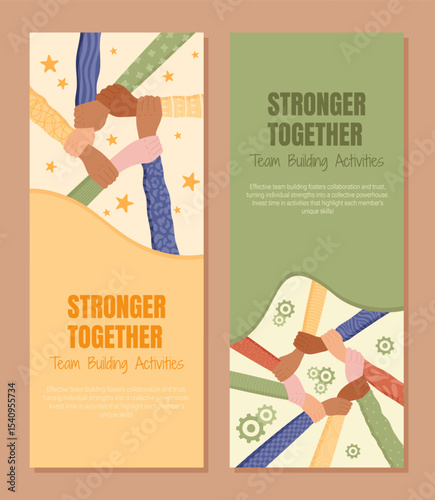 Colorful hands set in a banner style represent teamwork and solidarity. People join together in diverse community support. Vibrant symbol of unity for aid and collaboration.