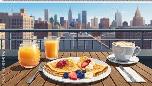Rooftop Breakfast with a City View: A delightful breakfast spread on a rooftop, offering pancakes adorned with fresh fruit and served alongside orange juice and coffee, providing the city backdrop