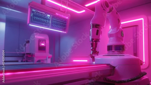 A robotic arm operating in a neon-lit medical workspace.