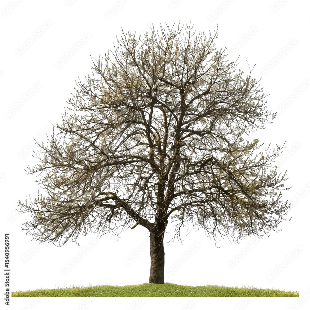 Obraz premium A majestic bare tree stands alone in a grassy field, showcasing intricate branches against a clear backdrop.