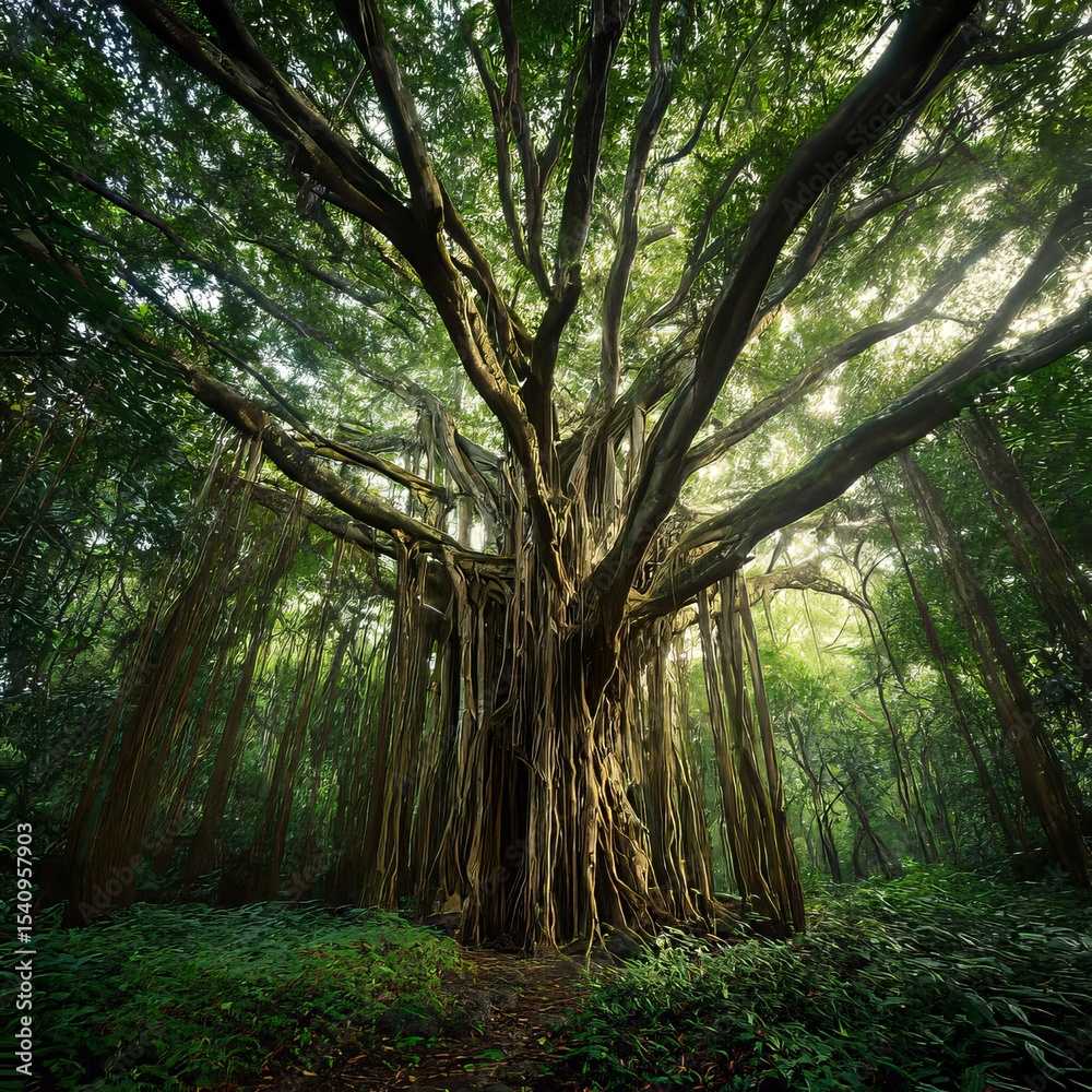 Naklejka premium a majestic banyan tree with sprawling aerial roots providing shade to the dense greenery below it in a jungle