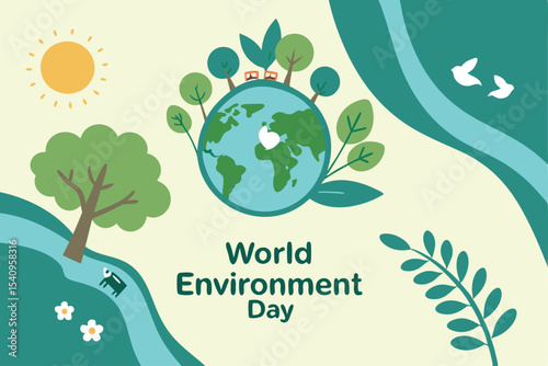 World Environment Day Poster with Earth, Greenery, and Eco Message. Not AI-Generated