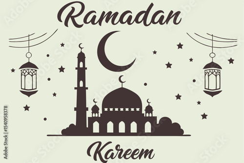 Elegant Ramadan Mubarak Poster with Mosque Silhouette. Not AI-Generated