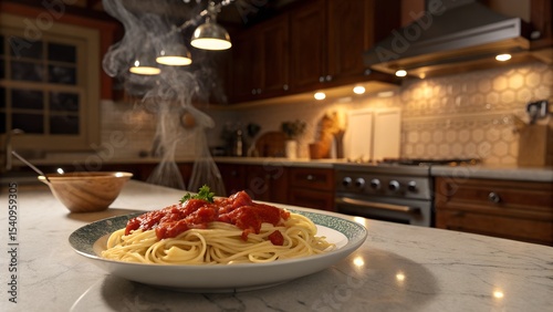 A plate of steaming spaghetti with tomato sauce sits on a kitchen counter, a delicious meal ready to be enjoyed
