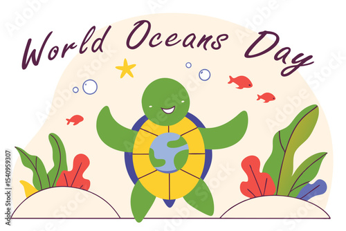 Playful flat ocean illustration with sea creatures and globe. Great for marine protection and global campaigns. Not AI-Generated