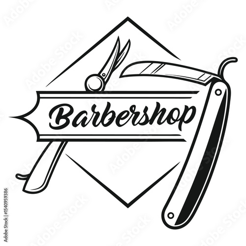 Monochrome barbershop logo with straight razor and scissors illustration
