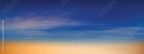 Atmosphere background of sky, morning sky with rising sun, orange horizon, bright blue sky with light clouds coloring. Sky banner.