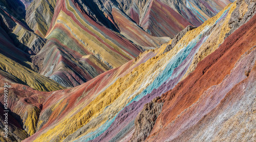 Wide-angle shot of Peru’s Rainbow Mountain, vivid mineral layers in red, yellow, turquoise, and purple, under a bright midday sun. High contrast natural lighting, with deep shadows in valleys. Deep de