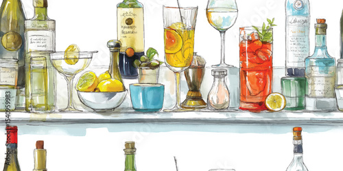 Assorted Classic Cocktails and Liquor Bottles Watercolor Seamless Pattern. Barware and Beverage Design for textile, packaging, fabric, wallpaper, branding, stationery, wrapping paper interior decor
