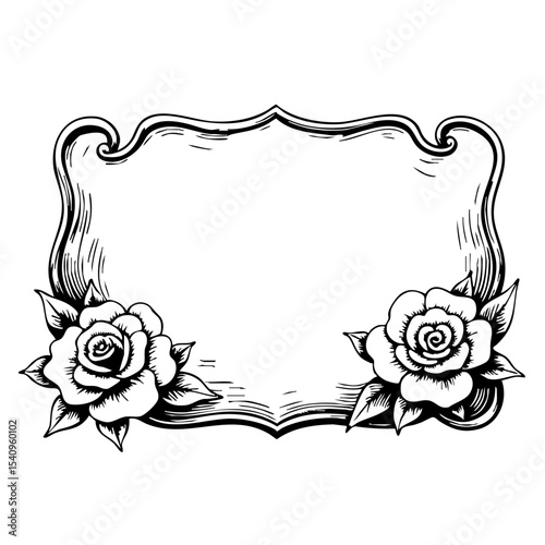 Vintage sketch of decorative frame with roses on both sides  