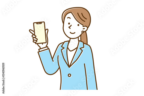 スマートフォンを持ってこちらを見ているスーツ姿の若い女性