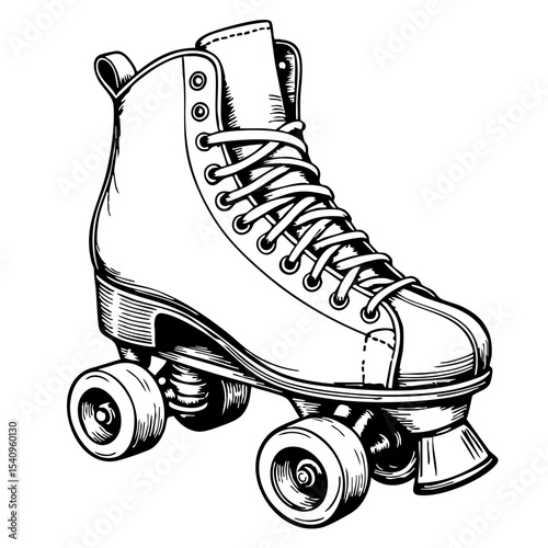 Vintage roller skate in detailed sketch style with black lines  