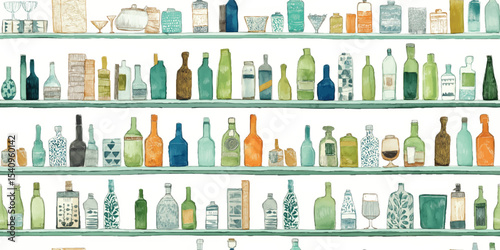 Bar Shelf with Assorted Cocktails, Liquor Bottles, and Barware Watercolor Seamless Pattern. Mixology Design for design, textile, packaging, fabric, wallpaper, branding, wrapping paper interior decor.