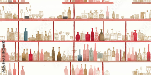 Bar Bottles and Glassware Watercolor Seamless Pattern. Sophisticated Alcohol Display Design for design, textile, packaging, fabric, wallpaper, branding, stationery, wrapping paper interior decor.