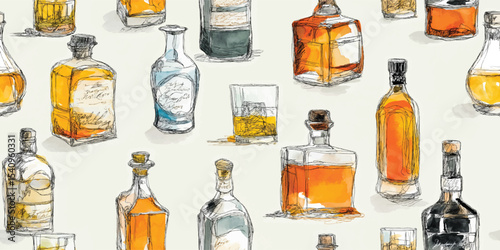 Assorted Liquor Bottles and Whiskey Glasses Seamless Pattern. Sophisticated Beverage Collection for design, textile, packaging, fabric, wallpaper, branding, stationery, wrapping paper interior decor.