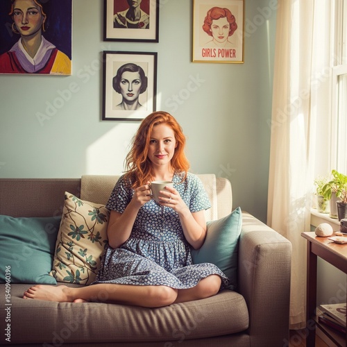 A redheaded, American, girls power, scantily clad woman at home, on her couch drinking tea, no shoes on.