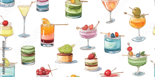 Diverse Gourmet Cocktails and Desserts Seamless Pattern. Beverage and Sweet Treat Display for design, textile, packaging, fabric, wallpaper, branding, stationery, wrapping paper interior decor.