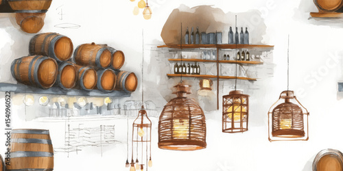 Rustic Winery or Brewery Interior Seamless Pattern. Barrels, Bottles, and Lighting Elements for design, textile, packaging, fabric, wallpaper, branding, stationery, wrapping paper interior decor.