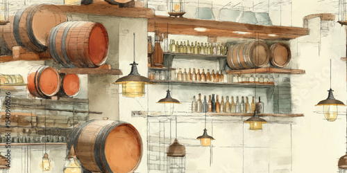 Rustic Winery or Brewery Interior Seamless Pattern. Barrels, Bottles, and Lighting Elements for design, textile, packaging, fabric, wallpaper, branding, stationery, wrapping paper interior decor.