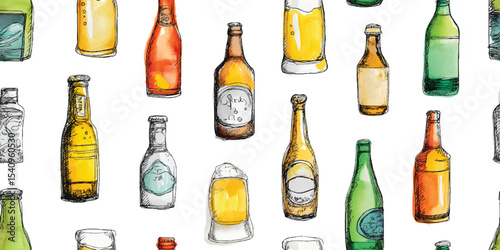 Diverse Beer Bottles and Glasses Hand-Drawn Seamless Pattern. Assorted Brewed Beverages for design, textile, packaging, fabric, wallpaper, branding, stationery, wrapping paper interior decor.