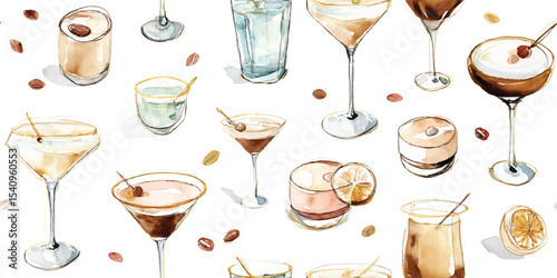 Elegant Espresso Martinis and Coffee Beans Seamless Pattern. Sophisticated Coffee Cocktail Design for design, textile, packaging, fabric, wallpaper, branding, stationery, wrapping paper interior decor