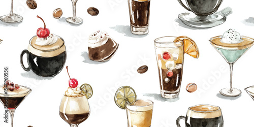 Assorted Coffee Cocktails and Desserts Seamless Pattern. Sweet and Indulgent Beverage Treats for design, textile, packaging, fabric, wallpaper, branding, stationery, wrapping paper interior decor.