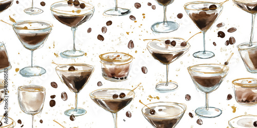Elegant Espresso Martinis and Coffee Beans Seamless Pattern. Sophisticated Coffee Cocktail Design for design, textile, packaging, fabric, wallpaper, branding, stationery, wrapping paper interior decor