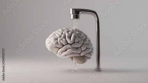 Surreal 3D render of a human brain being gently rinsed under a faucet. Ideal for concepts of mental cleansing, stress relief, psychology, and digital detox.