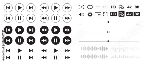 set of Black and white media control icons vector with transparent PNG background, multimedia interface buttons including play pause rewind skip forward settings volume sliders shuffle loop	