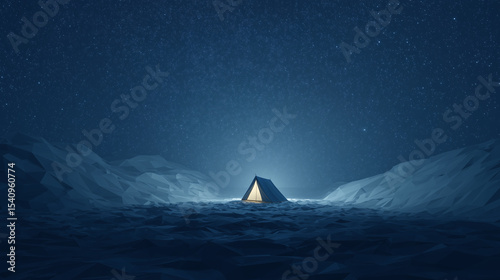 Stylized 3D tent glowing in the center of a polygonal landscape under a star-filled sky. Ideal for solitude, camping, and peaceful night adventure concepts.