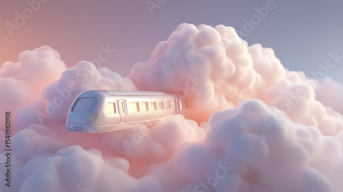 Stylized 3D render of a modern white train emerging from fluffy pastel clouds at dawn. Ideal for surreal travel, imagination, and dreamlike transportation themes.