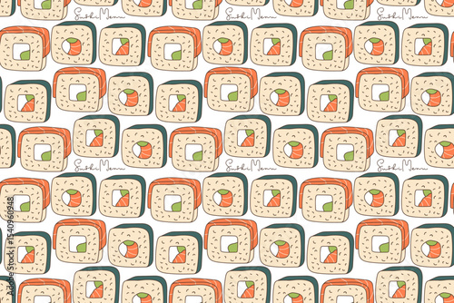 Seamless Sushi pattern. Salmon Rolls with avocado, cream cheese, rice served sketch. Hand drawn lineart vector illustration. Repeated background, textile, wallpaper, packaging.Traditional sushi rolls.