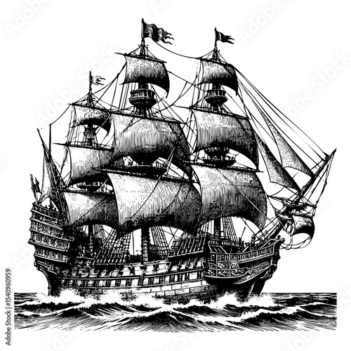 Retro ship engraving sketch engraving black and white outline. Scratch board imitation.  illustrated in vintage line art style on a white background.