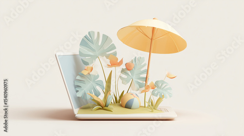 Stylized digital illustration of a laptop with tropical plants, beach umbrella, and flowers. Great for remote work, vacation, and digital lifestyle concepts.