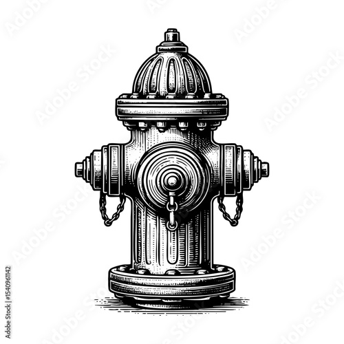 Water hydrant engraving black and white outline. Scratch board imitation.  illustrated in vintage line art style on a white background.