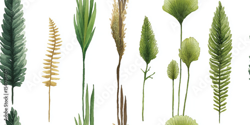Watercolor Tile with Ancient Plants. Horsetail, Ginkgo, Clubmoss, Fern, Cycad Seamless Pattern for design, textile, packaging, fabric, wallpaper, branding, stationery, wrapping paper interior decor.