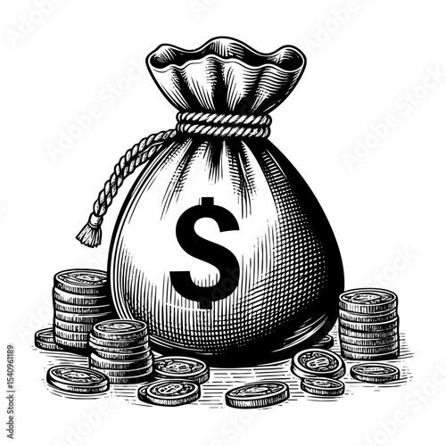 sack of money sketch engraving black and white outline. Scratch board imitation.