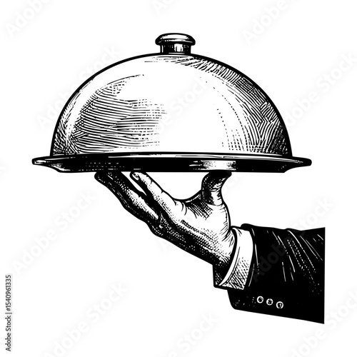 Hand hold tray sketch engraving black and white outline. Scratch board imitation.