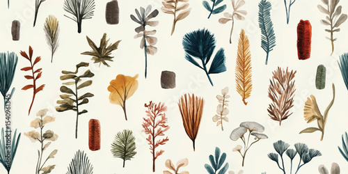 Watercolor Sketch of Ancient Plant Fragments and Spores Seamless Pattern. Earthy Natural History Design for textile, packaging, fabric, wallpaper, branding, stationery, wrapping paper interior decor.