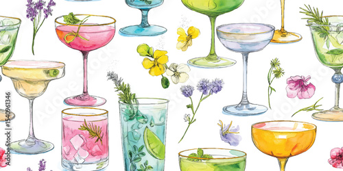 Cocktails with Floral Garnishes Hand-Drawn Seamless Pattern. Elegant Herbal Beverage Mixology for design, textile, packaging, fabric, wallpaper, branding, stationery, wrapping paper interior decor.