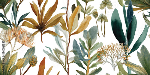 Watercolor Display of Prehistoric Jungle Plants in Futuristic Greenhouse Setting. for design, textile, packaging, fabric, wallpaper, branding, stationery, wrapping paper interior decor.