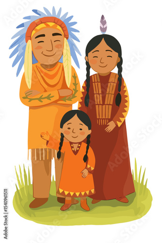 Native American Family – Cartoon Illustration of Indigenous People