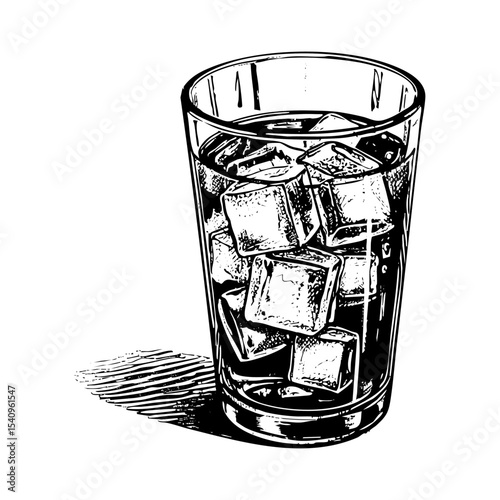 Glass of whiskey full ice cube sketch engraving black and white outline. Scratch board imitation.