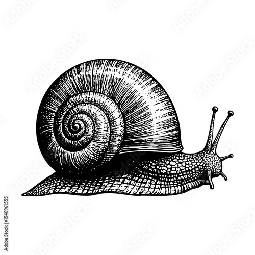 Snail sketch engraving engraving black and white outline. Scratch board imitation.  illustrated in vintage line art style on a white background.