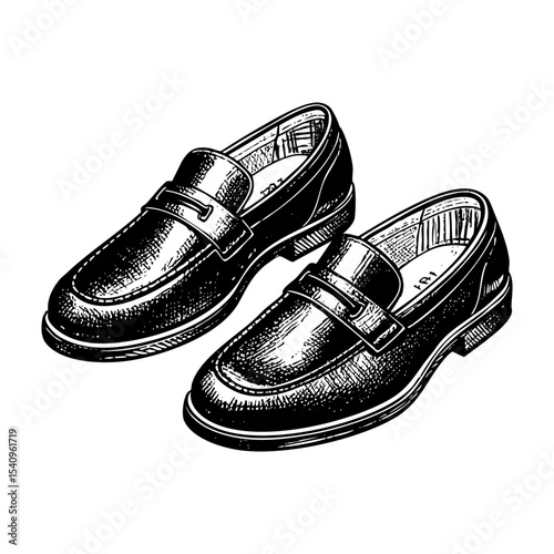 Pair of shoe loafer sketch engraving black and white outline. Scratch board imitation.  illustrated in vintage line art style on a white background.